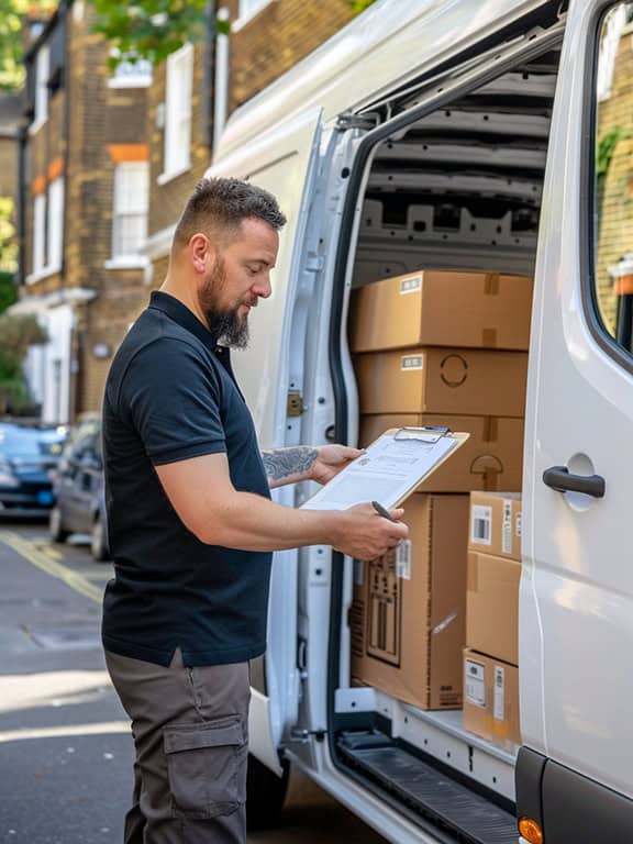 man wearing black polo shirt holding a clipboard checking the stacked boxes inside a white van