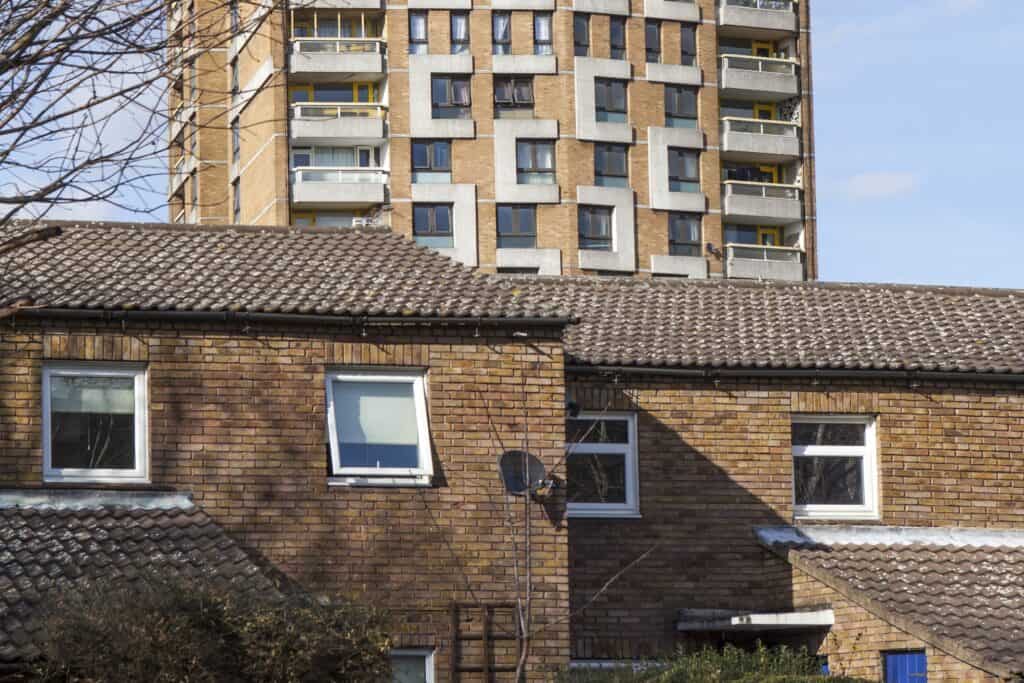 Residential neighbourhood: townhouses and block of flats in the concept of 'best affordable housing options in Hendon'.