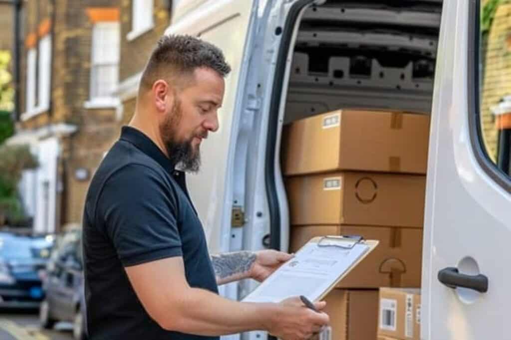 A professional mover holding a clipboard at the side of the white van with boxes inside