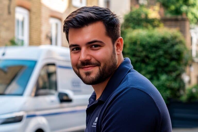 A Man and Van in front of the van in a street in London in the concept of 'What Factors Influence the Cost of a Man and Van Service'.