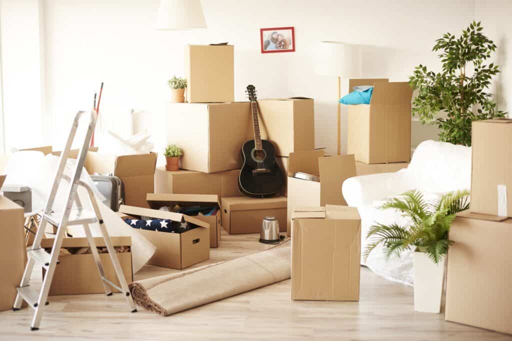 Several boxes, a guitar, rolled carpet, indoor plants, and a wrapped sofa in the living room - items to be moved