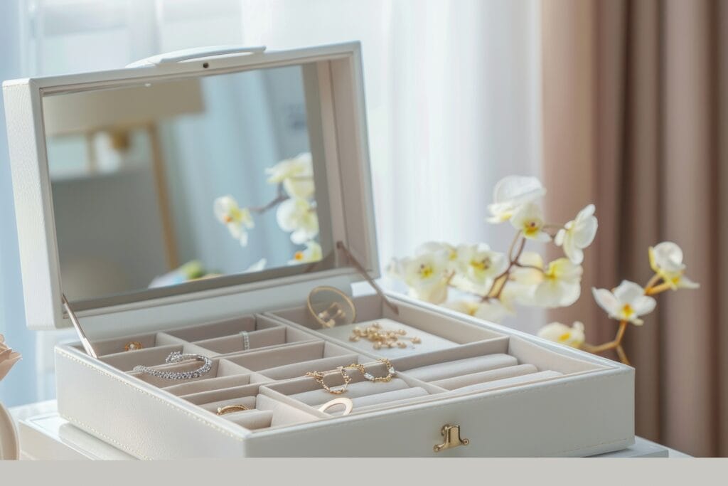 A white jewellery box with pieces of jewellery inside in the concept of 'how to keep belongings safe when transporting them in a home move'.