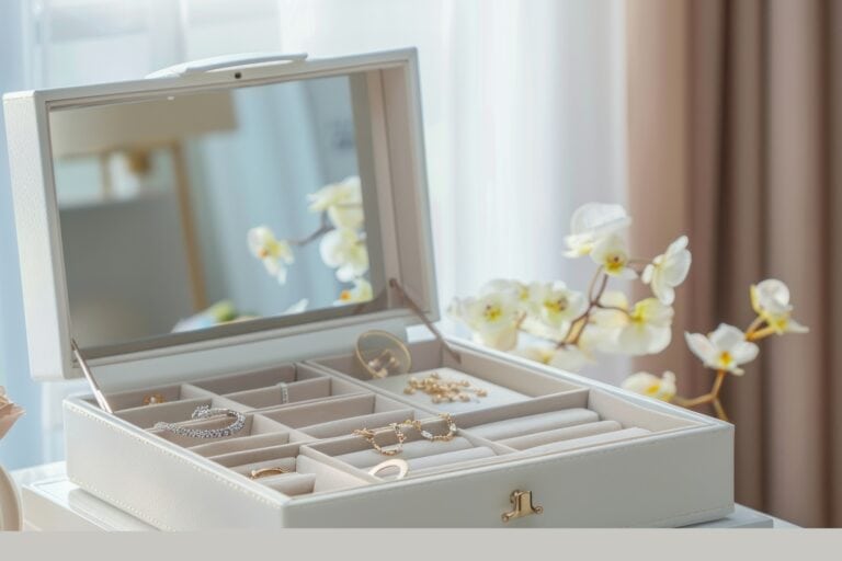A white jewellery box with pieces of jewellery inside in the concept of 'how to keep belongings safe when transporting them in a home move'.